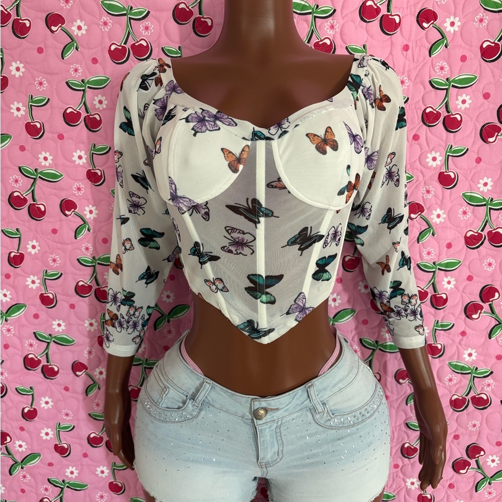 Butterfly Print Sheer White Top
